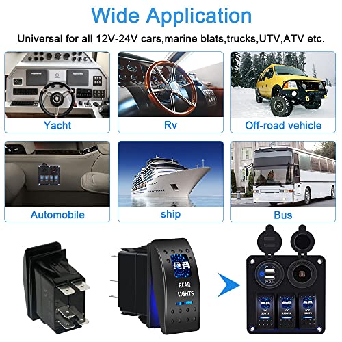 Auka Rear Lights Rocker Switch Toggle Waterproof 12V 24V, 5Pin Spst On-Off Toggle Switch Blue Led Light, With Jumper Wires Set For Car Truck Marine Boat Trailer 4X4 Caravan Rv Suv Atv Utv #TOP6
