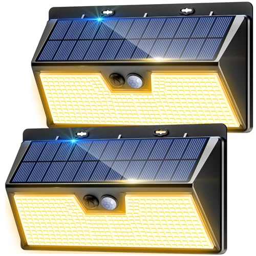nipify Solar Lights Outdoor Garden Motion Sensor, 2 Pack 3 Modes 318LED Solar Powered Security Fence Light Waterproof, Bright Pir Wall Light for Yard Garage Outside Door Porch Warm White
