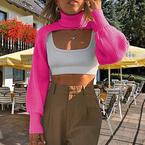 Image of High Collar Long Puff Sleeve Sweater Knitwear Solid Color Pullover Crop Top Ultra Short Turtleneck Sweatshirt