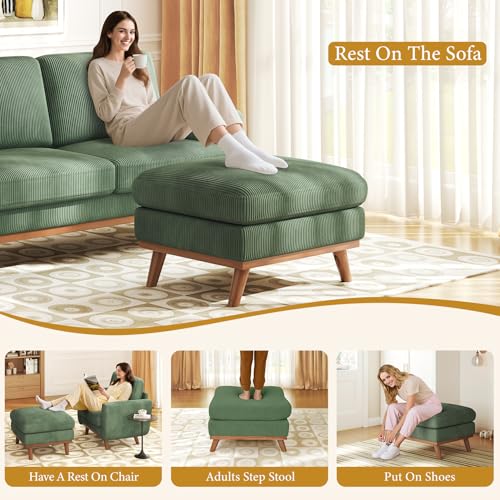 Image of Vesgantti Large Ottoman for Modular Sofa, 29.5 inch Corduroy Pouf Ottoman with Spring Cushion, Rectangle Foot Rest for Couch, Entrance Footstool with Wood Legs, Footstool for Living Room, Bedroom, Green