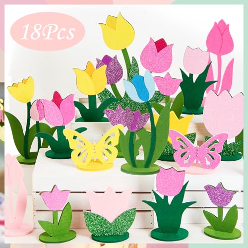 Image of 18 PCS Tulip Felt Table Decorations Butterfly Felt Table Centerpieces Flowers Tulip Centerpieces for Spring Decoration for Home Office Mother's Day Decorations