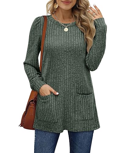 Image of Aokosor Long Sleeve Tops Women Lightweight Jumpers Ladies Sweatshirts with Pockets Winter Outfits Green Size 22-24