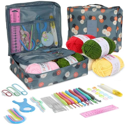 Image of MGNLR Crochet Kit for Beginners Adults with Yarn Set, DIY Tools, Hook & Needle Set, Flower Making, Embroidery & Craft Kit with Tool Bag Home Essential Accessories (Blue 107 Pcs)