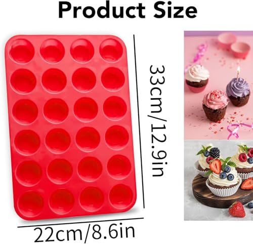 2 Pack Mini Muffin Pan, 24 Cups Silicone Cookies Cupcake Bakeware Tin Round Cupcake Tray Baking Mould Non Stick Heat-Resistant (Red + Grey) - Image 3