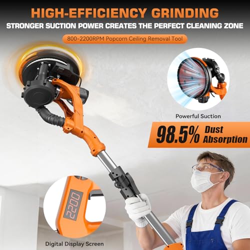 Protmex Drywall Sander, 1000W Wall Sander with Vacuum Dust Collection and LED Light, 6 Speed 800-2200RPM 15Pcs Sanding Discs Foldable Extendable Electric Sanding Machine for Walls Popcorn Ceiling - Image 2