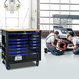 Heavy Duty Rolling Tool Chest with 12-Drawer Tool Cart Mechanic Tool Box with Wheels Tool Storage Cabinet Mobile Workbench Tool Bench for Garage, Workshop, Warehouse, Repair Shop, Wood Top