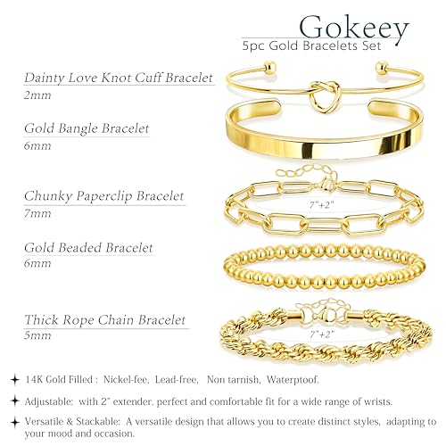 Gold Bracelets for Women Non Tarnish, 14K Gold Plated Sterling Silver Chunky Cuff Bracelet Stackable Gold Bangles Bracelet for Women Trendy Fashion Accessories Tie Knot Cuban Rope Paperclip Beaded Bracelet Stack Jewelry Valentines Day Gifts - Image 6