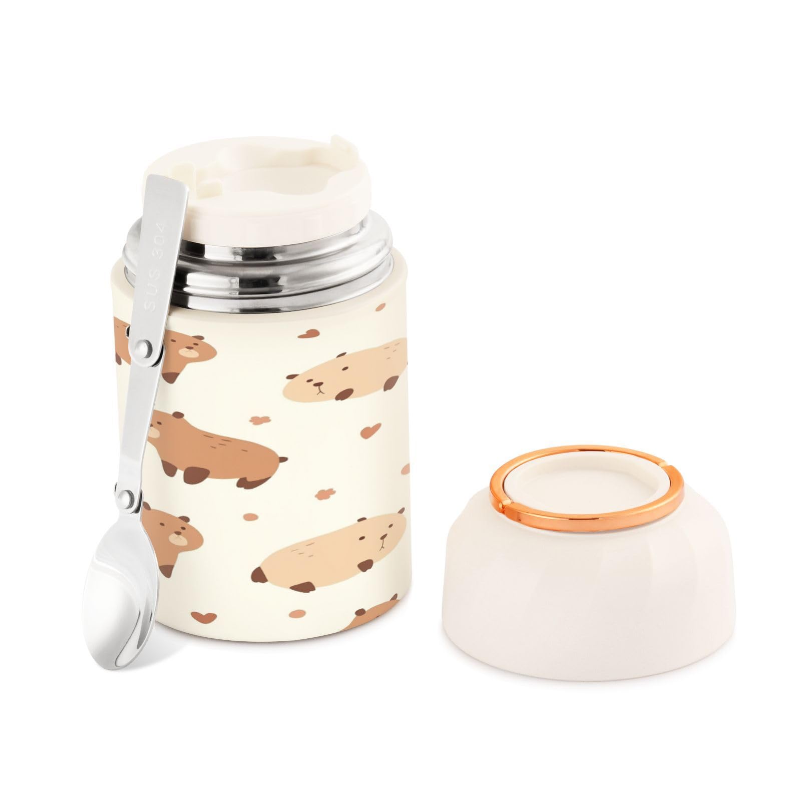 Ewusp Cute Capybaras Food Flask for Adults 500ml Stainless Steel Double Walled Vacuum Insulated Food Jar with Folding Spoon BPA Free Leakproof Soup Container
