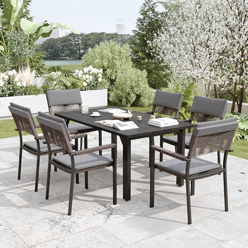 Sundale Outdoor Metal Dining Set for 6, 6-Piece Patio Dining Table and Stackable Rattan Chairs Set with Headrests and Cushions for Backyard, Garden, Deck, Dark Gray