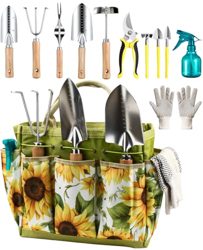 Garden Tools Set 12-Piece, MOSFiATA Gardening Tools Kit with Comfortable Handle, Heavy Duty Soil Shovel, Transplant Trowel, Weeder, Hand rake, Professional Pruner Sprayer Gloves with Organizer Bag