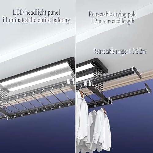 Ceiling Clothes Dryer Aluminium and Steel Electric Clothes Dryer with Remote Control,Electric Retractable Clothes Drying Rack, Ceiling Mounted with LED Light & Remote for Space Saving Laundr