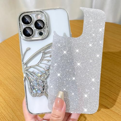 Image of SHINESTAR 3D Butterfly Case for iPhone 14 Pro Max Cover, Cute Girly Glitter Bling Luxury Back Cover for Women Girls Protective Shockproof Slim Camera Protection (or iPhone 14 Pro Max - Silver