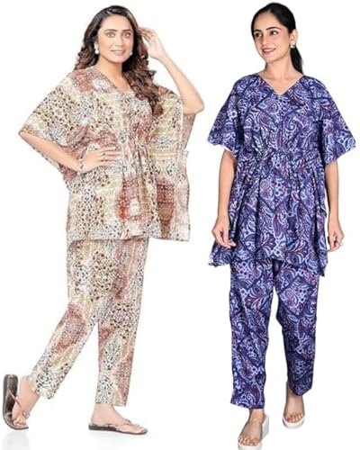 Image of Vlazom Women's 100% Cotton Printed Kaftan & Pyjama Set - Combo Pack of 2 | Free Size Nightwear with Pocket | Soft Cotton Loungewear Co-ord for Women