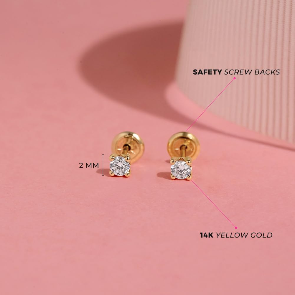 14k Yellow Gold Clear 2,3,5mm Cubic Zirconia Prong Set Screw Back Earrings for Girls - Cute Baby Stud Earrings for Infants & Toddlers - Simulated Birthstone CZ Earrings for Little Girls