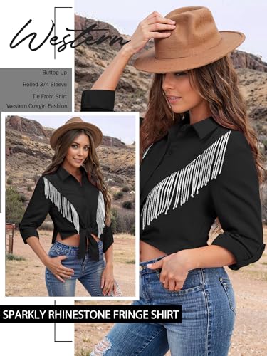 MYMORE Womens Sparkly Fringe Cropped Button Down Shirt Rolled 3/4 Sleeve Tie Front Top Western Cowgirl Rodeo Outfit4