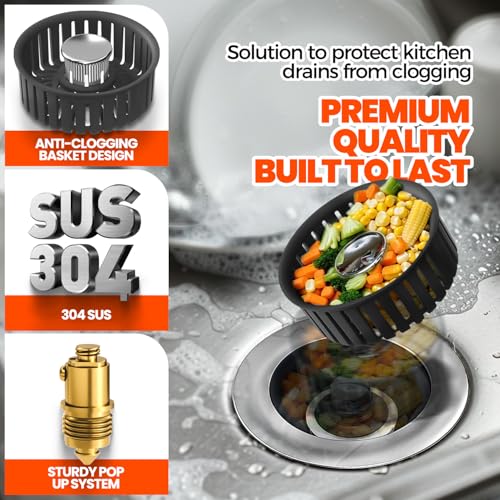 Kitchen Sink Drain Strainer & Sink Stopper, Upgraded Stainless Steel Drain Plug Combo with Anti-Clog Basket, Pop Up Drain Cover for Standard 3-1/2'',Garbage Disposal Parts by Nipoko - Image 3