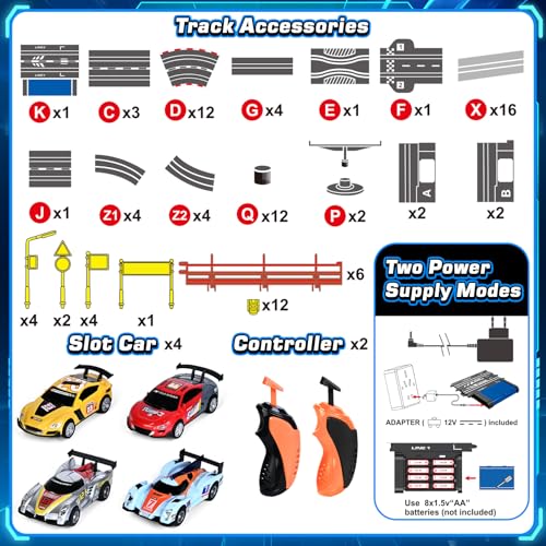 Boy Toys Gifts for 6 7 8-12 Years Old, Slot Car Race Track Sets with 4 Slot Cars, Battery or Electric Car Track with Flash Light, Dual Racing Game Lap Counter Circular Overpass Track Gifts for Kids