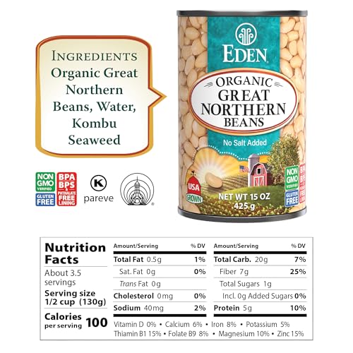Eden Organic Great Northern Beans (White Beans), 15 oz Can (12-Pack Case), No Salt Added, Non-GMO, Gluten Free, U.S. Grown, Heat and Serve, Macrobiotic, Similar to Cannellini, Smoother