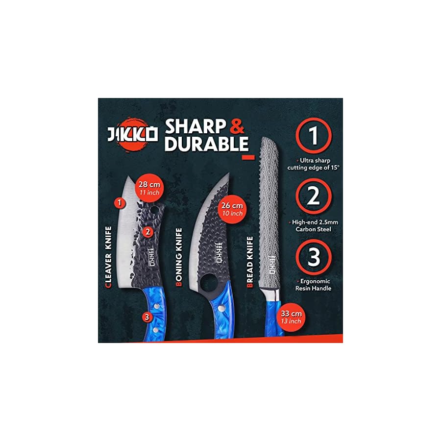 Jikko New Reinforced Carbon Steel Japanese Kitchen Knife Set – DiamondRazor Series – Ultra Sharp Japanese Knife Set & Chef Knife Set with Ocean Blue Handles – Professional Chef's Knives