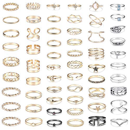 FIBO STEEL 58 Pcs Vintage Knuckle Rings for Women Stackable Simple Plain Band Midi Finger Bohemian Retro Joint Rings Hollow Carved Flowers Ring Jewelry Set