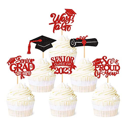Ercadio 36 Pack 2023 Graduation Cupcake Toppers Red Glitter Senior Class Of 2023 Cupcake Toppers Senior Grad So Proud Of You Cupcake Picks For 2023 Graduation Theme Party Cake Decor Supplies #TOP17