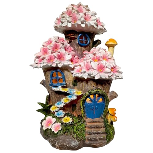 TIN DREAMS FACTORY | Casa del Árbol de Flores Encantadas   con Luz Solar Recargable – Figura de Fantasía para Exterior, Jardín, Patio, Terraza – Adorno Mágico con Iluminación LED Automática