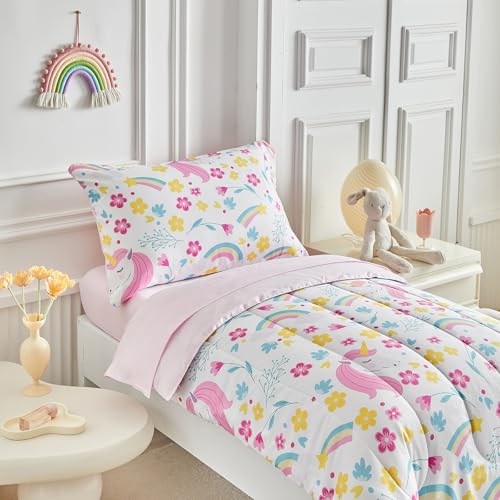 Image of Unicorn Toddler Bedding Set for Girls Light Pink Unicorn Flowers 4PC Toddler Bed Set - Soft Blue Yellow Floral Rainbow Cute Princess Toddler Bed in a Bag with Pink Sheet Set and Pillow Shams