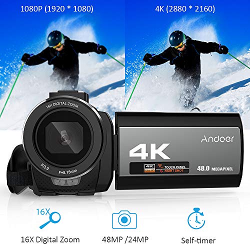 Miaoqian Câmera de vídeo digital portátil 4K 48MP WiFi com microfone externo e lente grande angular