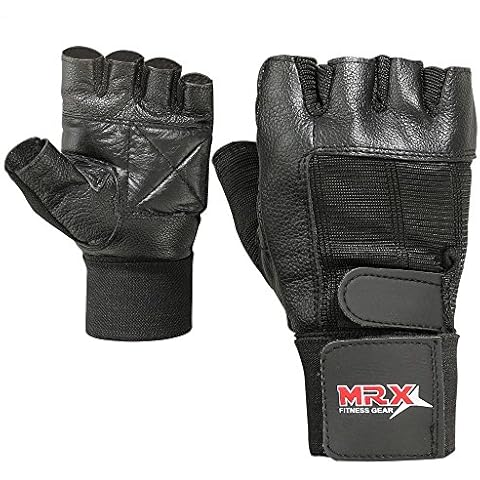 MRX BOXING & FITNESS Weight Lifting Leather Glove with Long Wrist Strap Gym Workout Black (Large) Cover