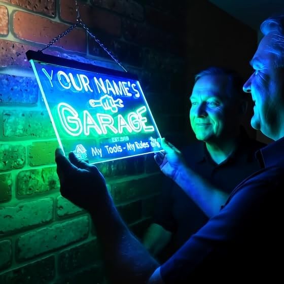 Miniatura 5 de ADVPRO Personalizado Tu Nombre Año Est Tema Garaje Cueva de Hombres Decoración Letrero Luminoso LED de Doble Color, Verde & Azul, 12" x 8.5"