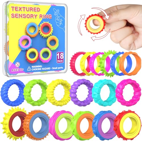 Fidget Toys Spinner Rings for Kids – Anxiety Relief Sensory Toys for Kids with Autism, ADHD Tool for Kids & Adults, Quiet Fidget Ring for Classroom Prizes & Stocking Stuffers (18 Pack Safe Rubber)
