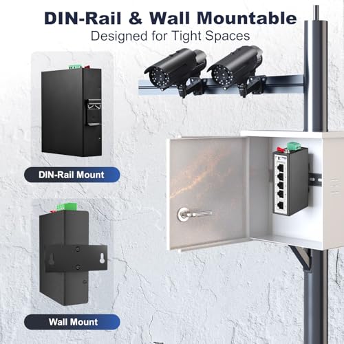 Image of 5 Port Mini Gigabit Industrial DIN-Rail Switch, 4 x 100 /1000Mbps Ports,1 Gigabit Uplink, Din Rail & Wall Mount Included, Unmanaged IP30 (-40~185F) Hardened YuLinca Industrial Ethernet Switch