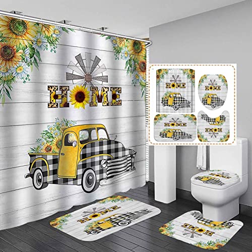 Dia Magico 4Pcs Farm Truck Shower Curtain Set, Black White Buffalo Plaid Car Yellow Sunflower Daisy Floral Windmill Country Rustic Farmhouse Bathroom Decor, Fabric Shower Curtain, Non-Slip Bath Mat #TOP8