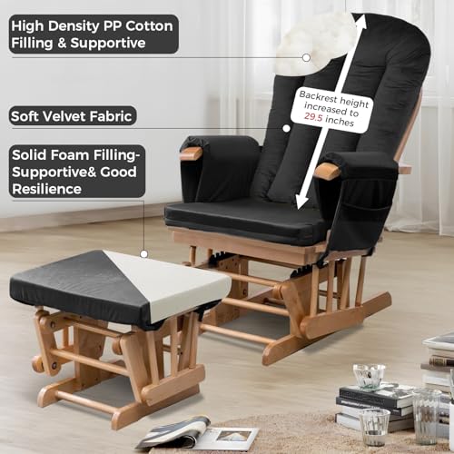 Image of Lucky Monet 5PCS Velvet Glider Rocker Replacement Cushions, Thickened & Supportive Rocking Chair Cushion Set with 29.5 Inch High Backrest & Storage Pockets, for Indoor Nursery Glider & Ottoman, Black