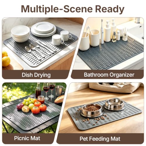 Hestiasnax 2 Pack Silicone Dish Drying Mat for Kitchen Counter, 16" X 12", Heat Resistant & Non-slip Kitchen Drying Mats, Quick-Dry Ridges, Dishwasher Safe, Hangable & Roll-Up for Storage, Dark Gray - image 5