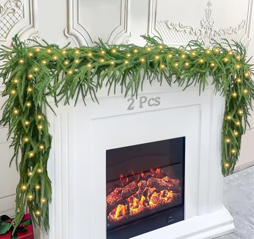 2 Pcs 6 Feet Christmas Garland,Artificial Norfolk Pine Garlands with 2Pcs LED Lights,Winter Pine Garland Real Touch Faux Green Greenery Garland for Fireplace,Table, Window,Outdoor Christmas Decoration