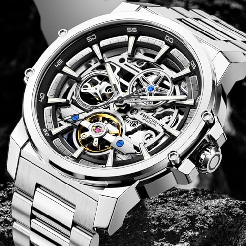 Image of FORSINING Men's Luxury Automatic Skeleton Mechanical Watch, Industrial Style Self-Winding Hollow Watches with Tourbillon & Luminous Function, Stainless Steel Strap Mens Wristwatch