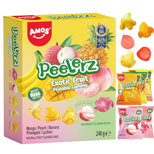 AMOS Peelerz Gummy Sweets 5 Fruits Flavors Sweet Candy Gift (Mango & Peach & Banana & Pineapple & Lychee) Peelable Candy Chews Snacks -240G