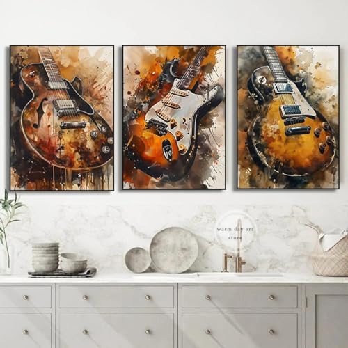 Toile guitare et graffiti decoration murale affiche musicale triptyque abstrait 60x90 cm