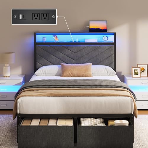 Image of Fluest Twin Bed Frame with Storage Drawers, Upholstered Headboard with Charging Station, LED Lights, Fabric Drawers with Wheels, Under Bed Storage, No Box Spring Needed, Easy Assembly, Grey