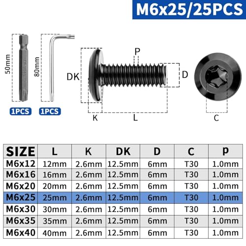 XRXYMQ 25 Stück Flachkopfschrauben M6x25 mm Linsenkopfschrauben M6 Schrauben Schwarz 304 Edelstahl Maschinenschrauben für Möbeleinbau Holz Montage mit Torx Schlüssel Bit Schraubendreher
