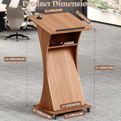 Image of Portable Mobile Wooden Podium Stand with Lockable Wheels, Lightweight 42.5 inch Rolling Lectern for Churches, Ideal for Presentations, Events, and Public Speaking