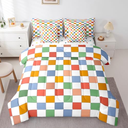 Image of Erosebridal Retro Checkered 7 Piece Bed in A Bag with Sheets Queen Vintage 60S 70S Funky Geometric Plaid Bedding Set Retro Checkerboard Grid Comforter Set for Kids Adults Groovy Aesthetic Bed Set