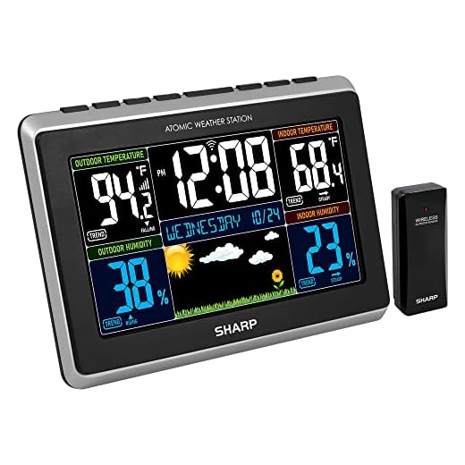Sharp Weather Station with Easy to Read Color Display - Wireless Indoor Outdoor Thermometer and Humidity, Atomic Clock, Alarm and Calendar, 12 Hour Forecast, AC or Battery Powered
