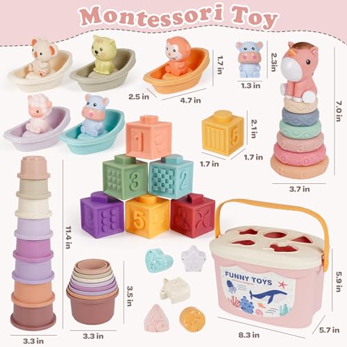 Image of Montessori Baby Toy for 6-18 Months Sensory Toy for Toddler 1-3 Year olds | Shape Sorter Sorting Stacking Ring Stacking Cups Soft Building Blocks for Babies 6-12 Months Sensory Learning Birthday Gift