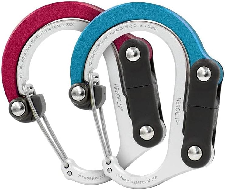HEROCLIP Carabiner Clip and Hook (Mini) for Travel, Luggage, and Small Bags, Hot Rod Red & Blue Steel, 2-Pack