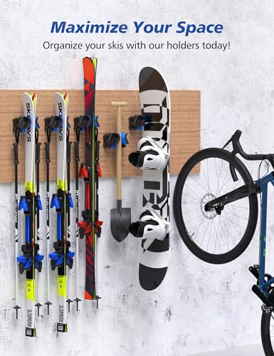 Image of Skifavs Ski & Snowboard Wall Rack, Ski Wall Mount & Ski Rack Wall Mount for Garage Space-Saving, Winter Gear Organizer, Fits Any Ski or Snowboard, Nonslip Ski Holders, Garage Organization, 2 Pack