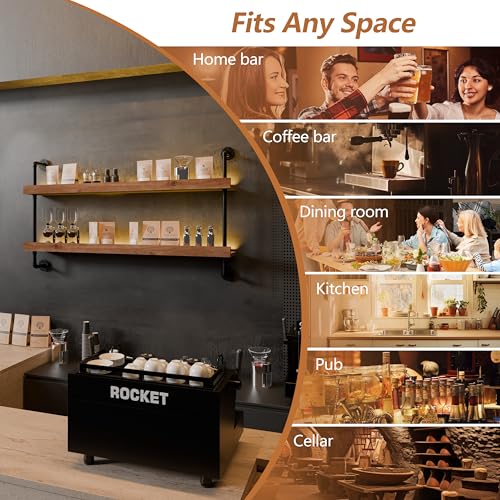 Image of Bar Shelves, Wall Mounted Wine Rack, Weathered Brown, 48 Inch with LED | 2 Tier, Industrial, Solid pine shelves, black pipe brackets, 50 lbs per shelf, wine, liquor, bar decor, with LED light