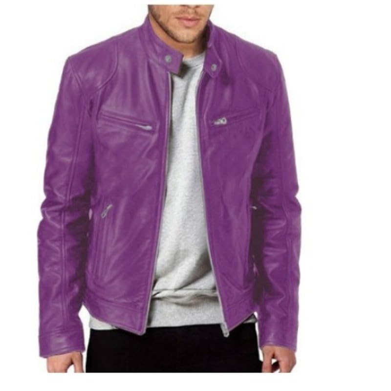 Veste rétro en cuir pour homme violette XXXL à col montant et fermeture éclair