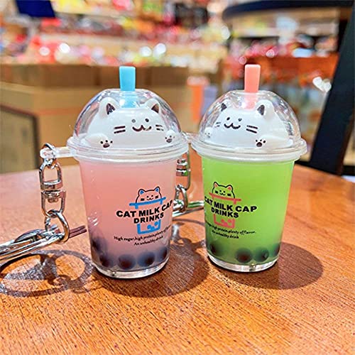 Boba Keychain Milk Tea Cup Key Ring,Cartoon Cat Car Keychain Mini Milk Tea Cup Liquid Crystal Sequin Key Ring Bag Pendant(Beige) #TOP2